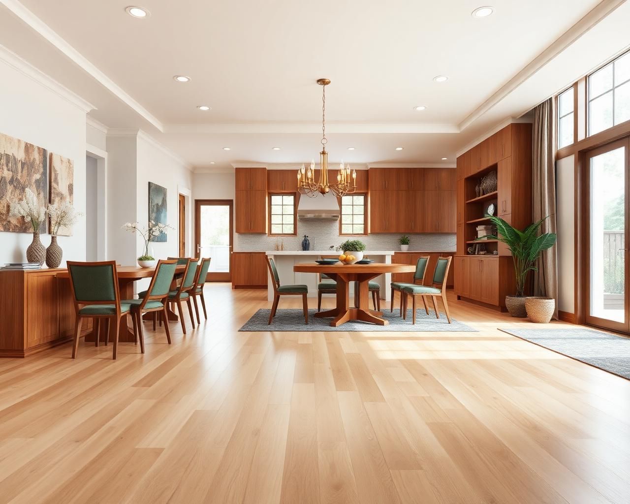 Wide plank light oak hardwood floor in an open dining room