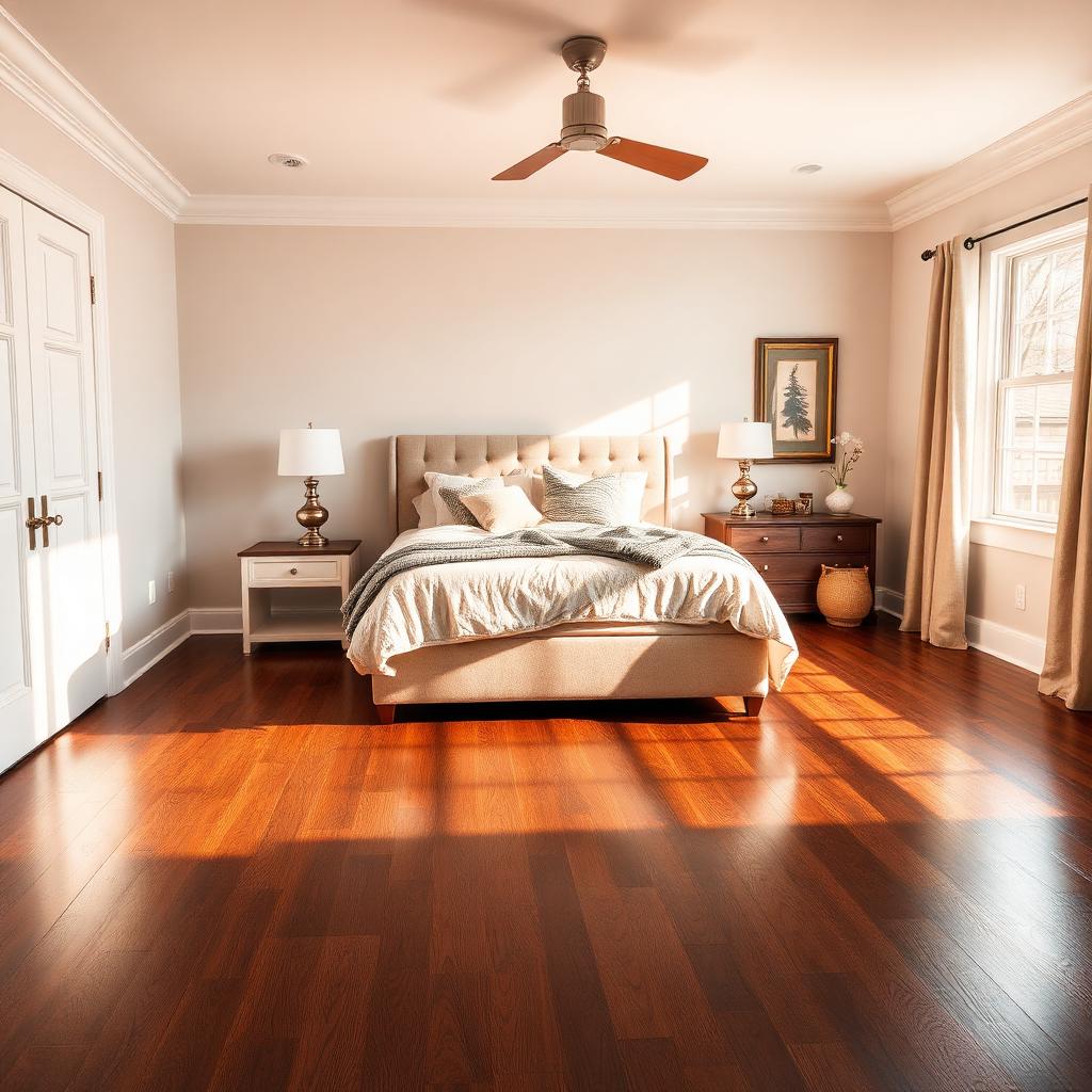 Newly installed dark hardwood floor in a bedroom