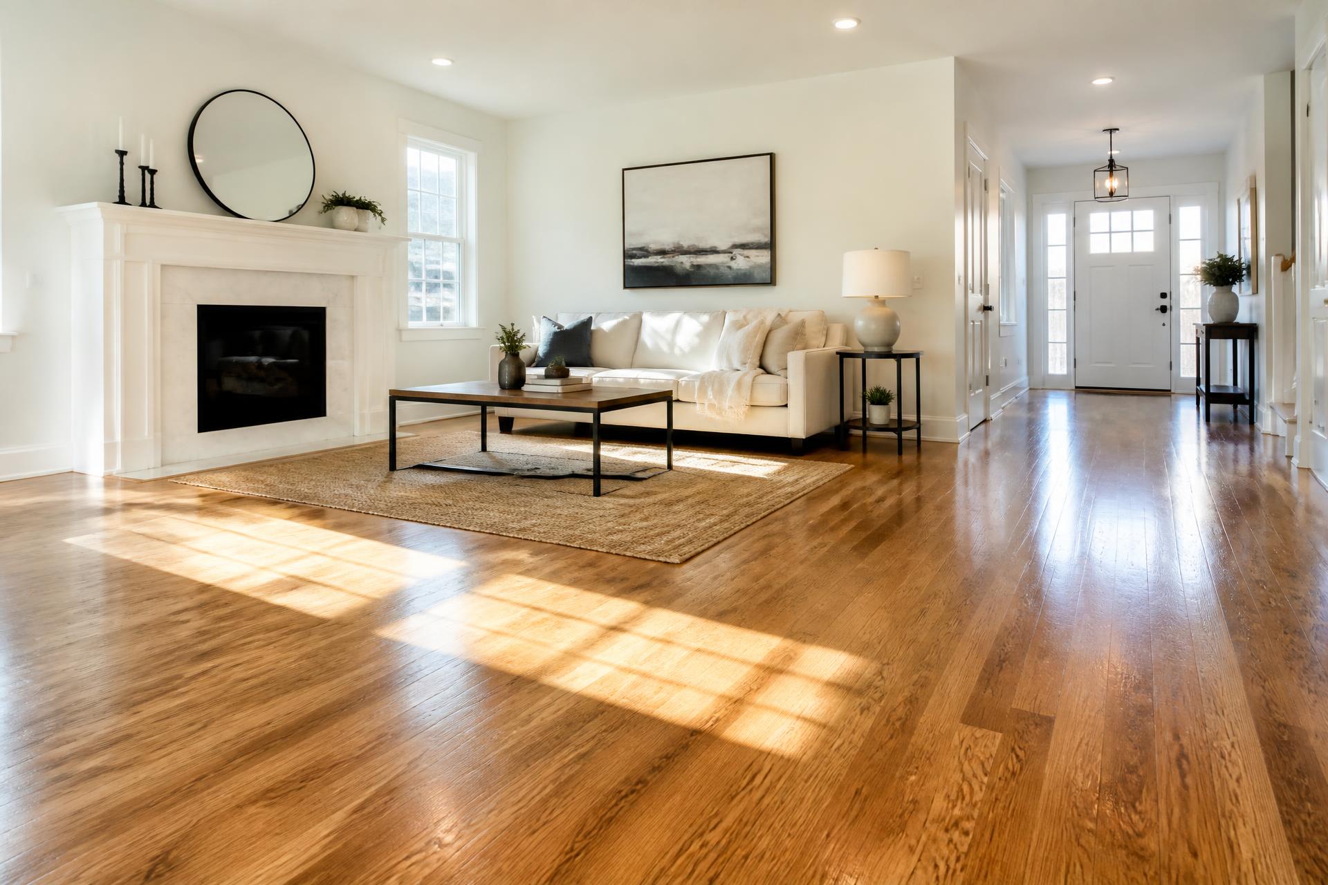 Freshly refinished oak hardwood floor in a bright living room by Superior Floors